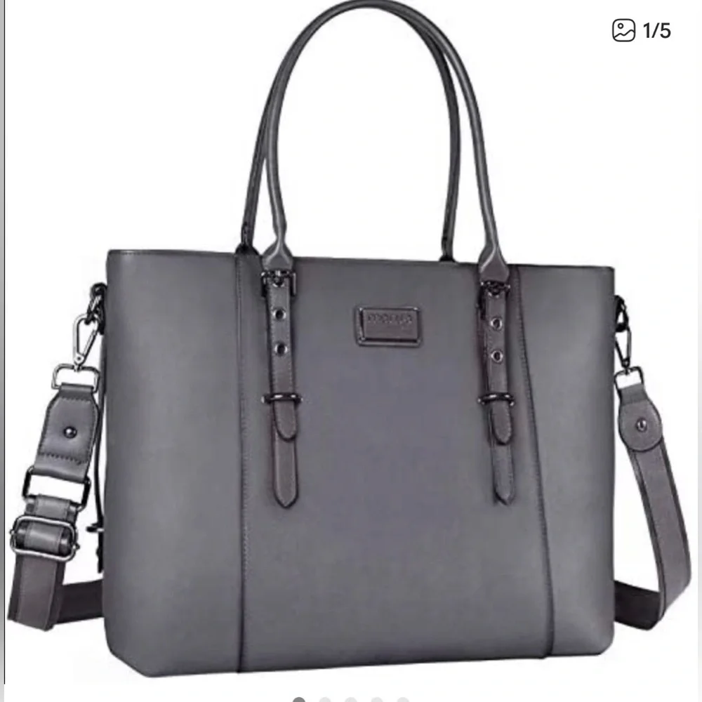 Men's Gray Leather Messenger Tote Bag with Detachable Strap